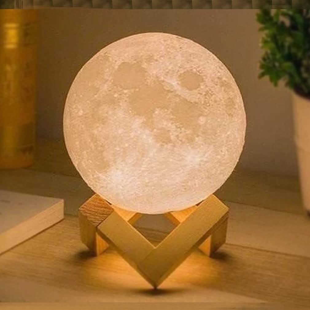 3D-printed moon night light on wooden base